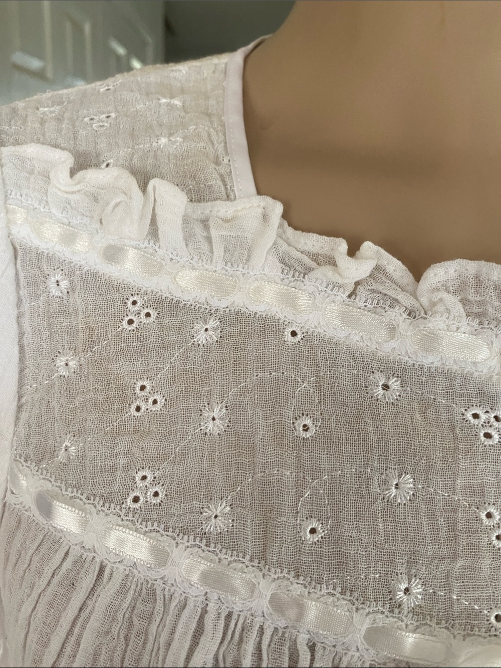 Coldwater Creek White Cotton gauze Peasant Nightgown with Lace Yoke - Picture 2 of 7
